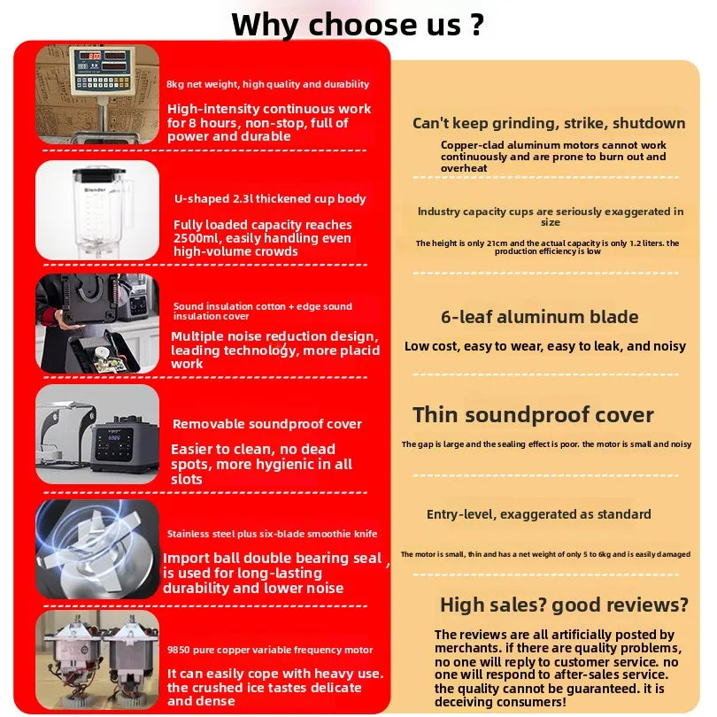 Infographic detailing features of a commercial slush machine and ice crusher with stainless steel blades.