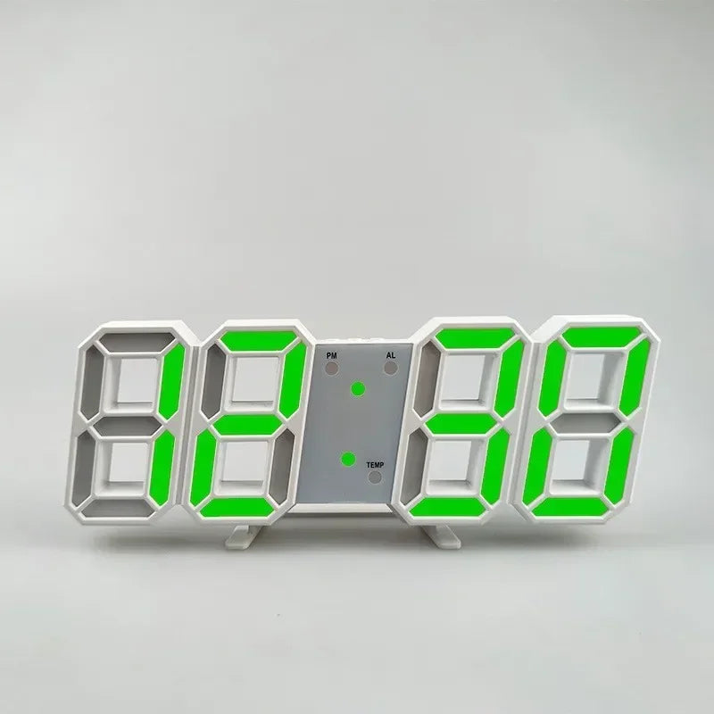 Modern white digital alarm clock with a 3D block design and bright green LED number display against a grey background.