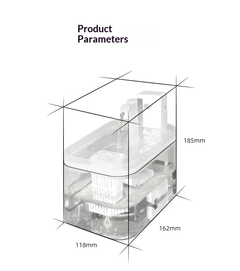 Clear rectangular automatic pet water fountain with a built-in filter, shown with product dimensions in millimetres.