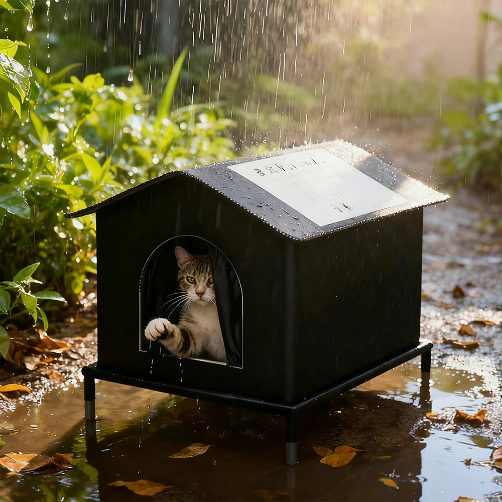 A black, waterproof outdoor cat house on raised legs, keeping a cat dry during a rain shower.