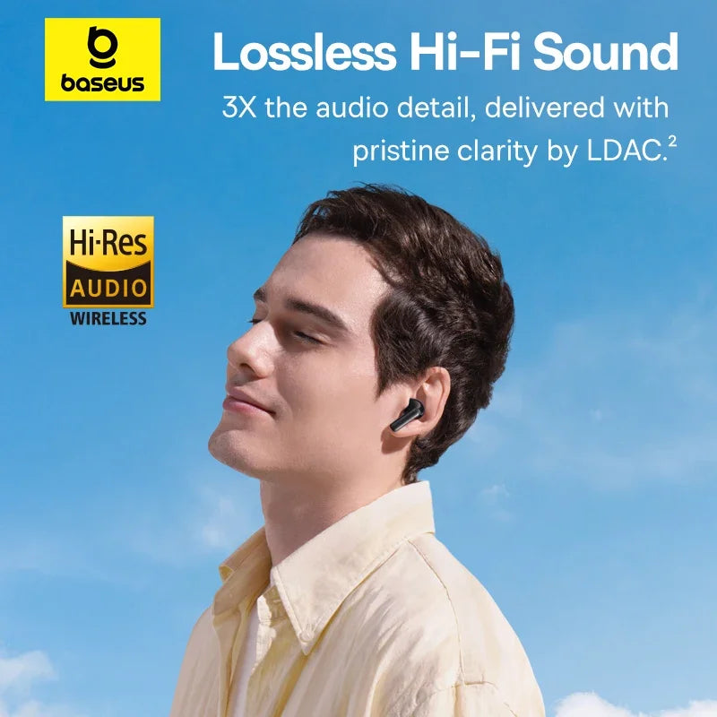 A young man wearing sleek, black wireless earbuds against a bright blue sky, promoting lossless hi-fi audio.