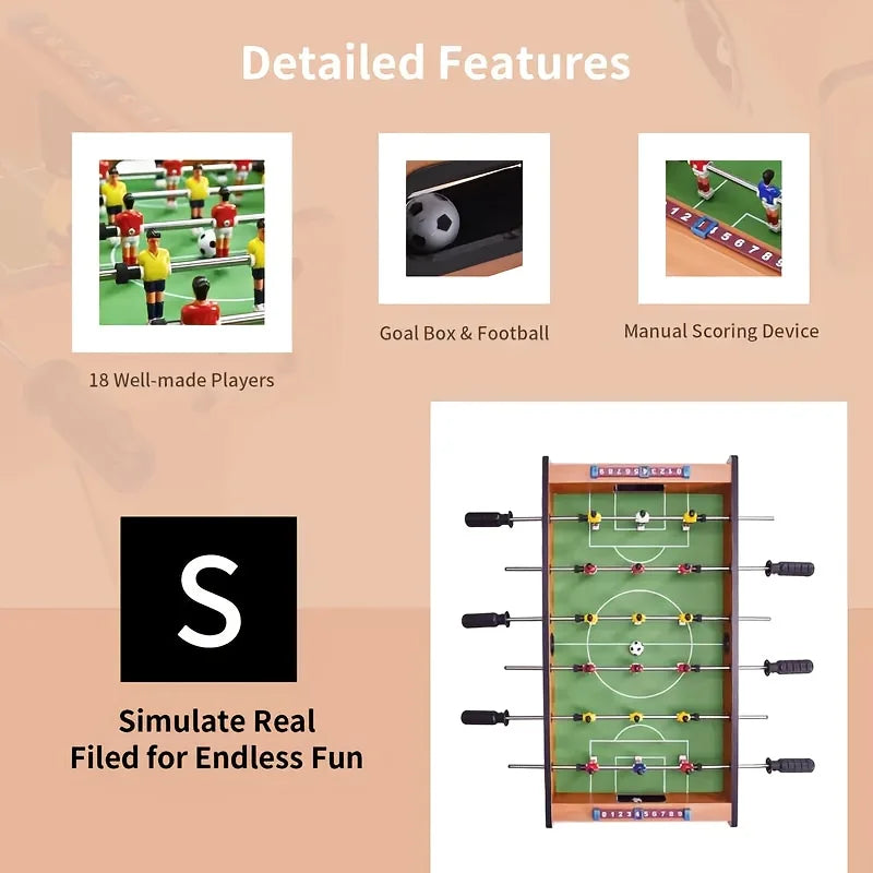 Tabletop foosball game with 18 players, green field, score trackers, and ball. Wooden-look finish, compact design.