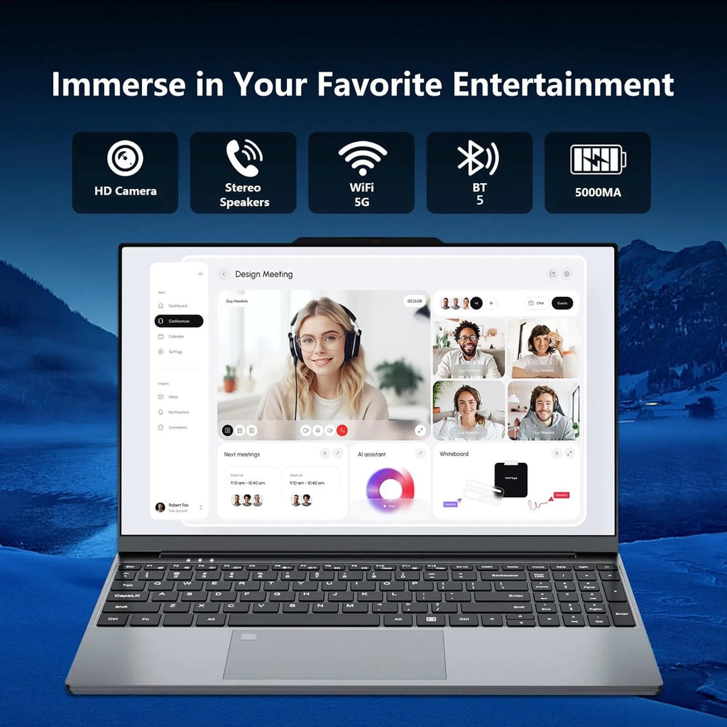 Sleek, grey 15.6-inch laptop with a full keyboard and high-resolution screen showing a video conference interface.