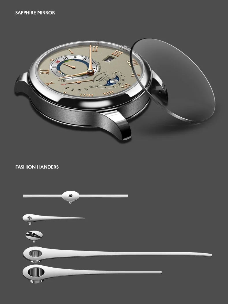 A silver-tone mechanical watch with a champagne dial, moon phase, and sapphire glass, shown with its metal hands.