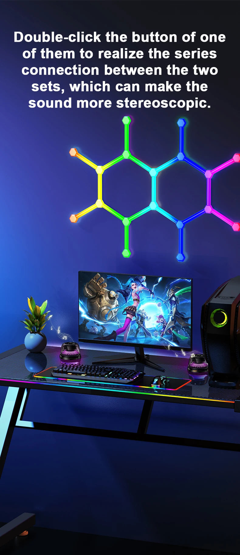 Two compact, black magnetic Bluetooth speakers on a gaming desk, showing a wireless stereo pairing feature.