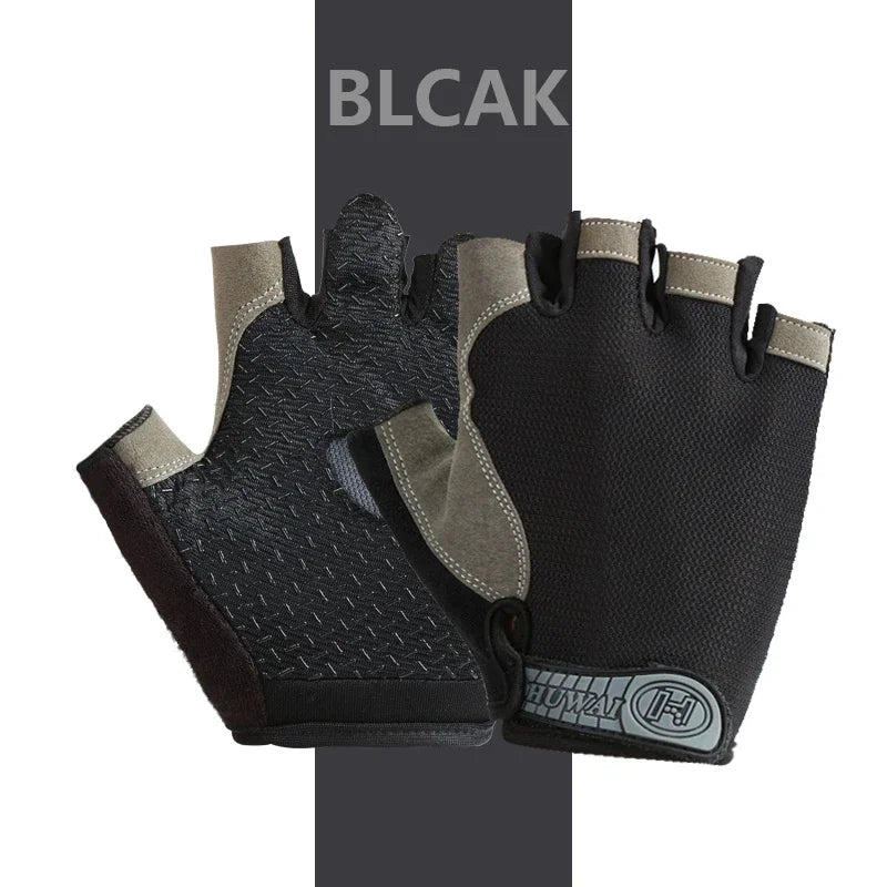 Black and grey fingerless cycling gloves with textured palm grips and a branded Velcro wrist strap.