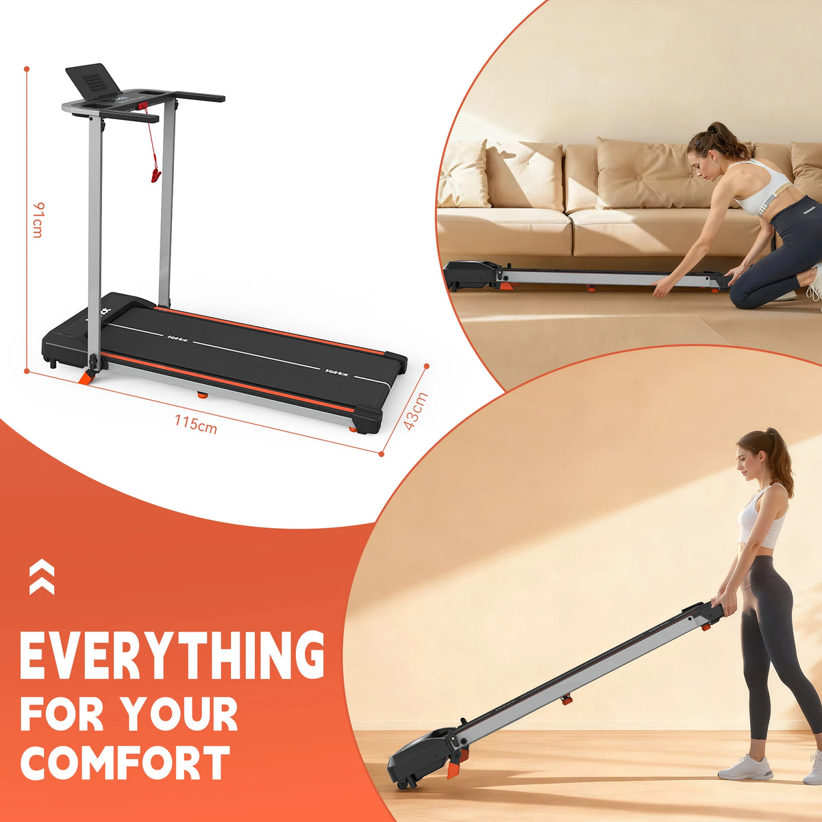 Foldable black treadmill with dimensions and in-use shots being slid under a sofa and wheeled away.