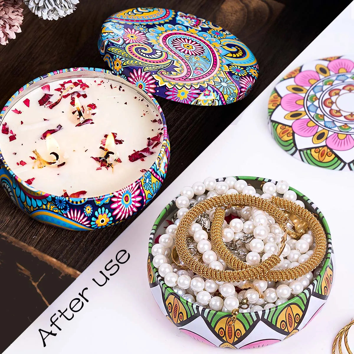 Two round decorative tins with paisley and mandala patterns; one as a scented candle, the other as a jewellery box.
