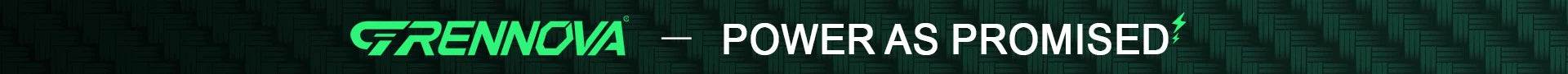 Banner with text "Power as Promised" in green and white on a dark, textured green background with a lightning bolt icon.