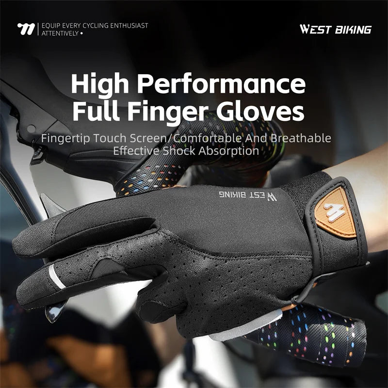 Black West Biking full-finger cycling gloves with perforated fabric, touch-screen fingertips, and brown logo detailing.