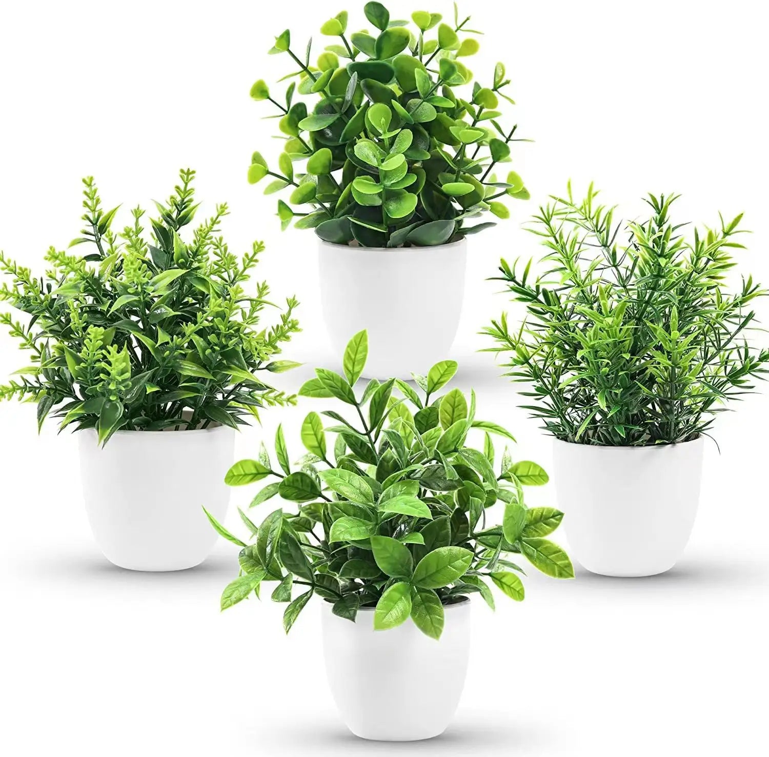 Four small artificial green plants in white rounded pots, displaying various leaf shapes on a white background.