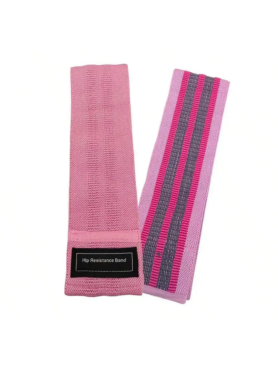Two pink fabric hip resistance bands, one with a black "Hip Resistance Band" label and one with grey striped detailing.