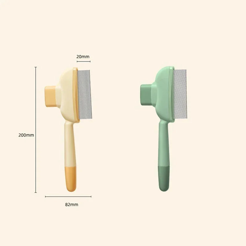 Two pet grooming brushes in yellow and green with fine metal teeth, shown with 200mm and 82mm measurement labels.