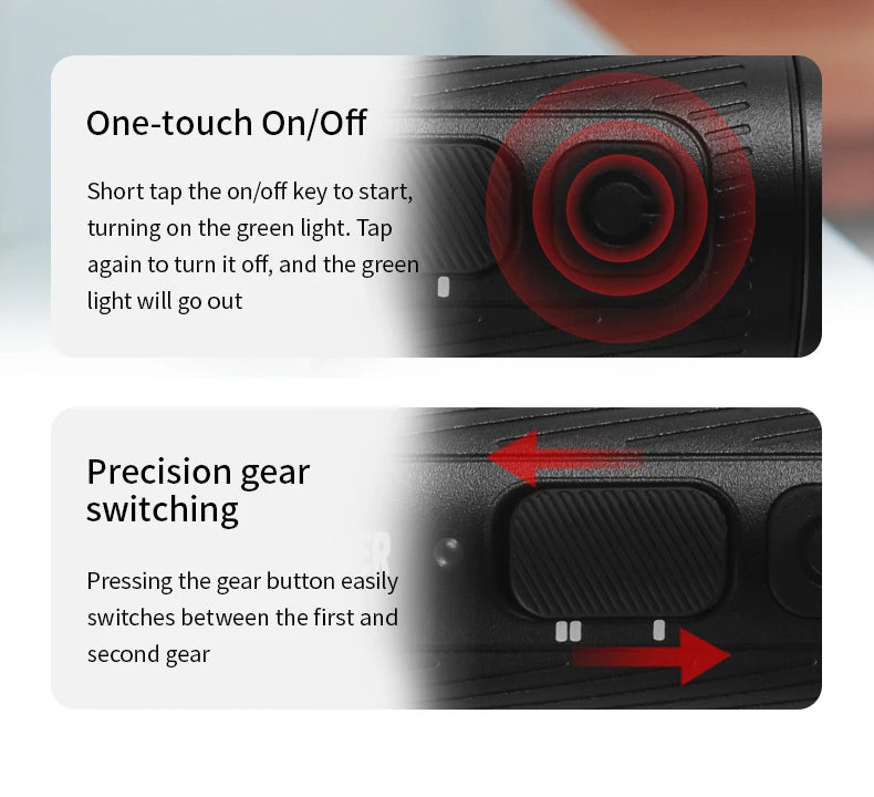 Close-up of a black textured device showing a circular on/off button and a textured gear-switching button.