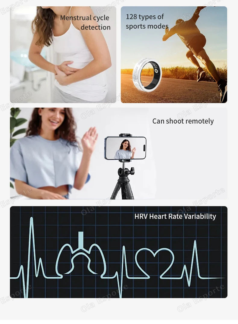 Silver smart fitness ring showing features: menstrual tracking, 128 sports modes, remote camera control, and HRV monitor.