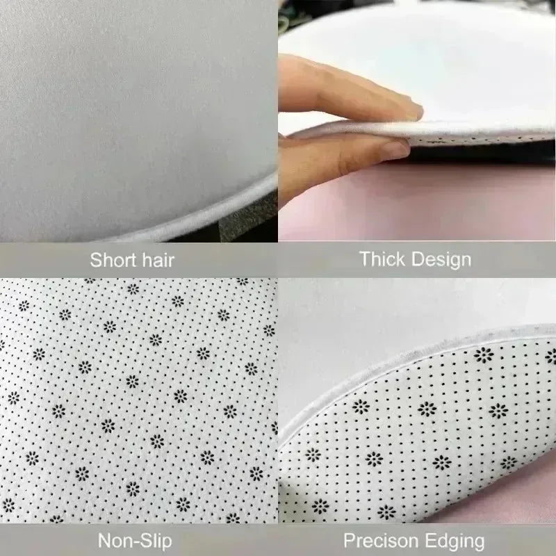 Close-up of a white, short-pile round rug featuring a thick, cushioned texture, non-slip base, and neat edging.