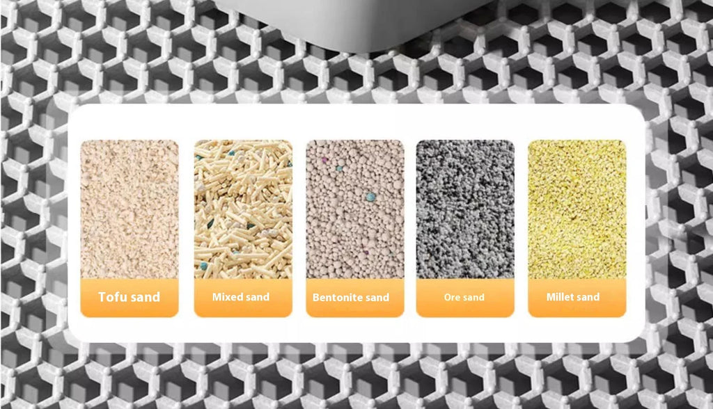 Grey heavy-duty cat litter mat with a honeycomb design, shown alongside five types of cat litter.