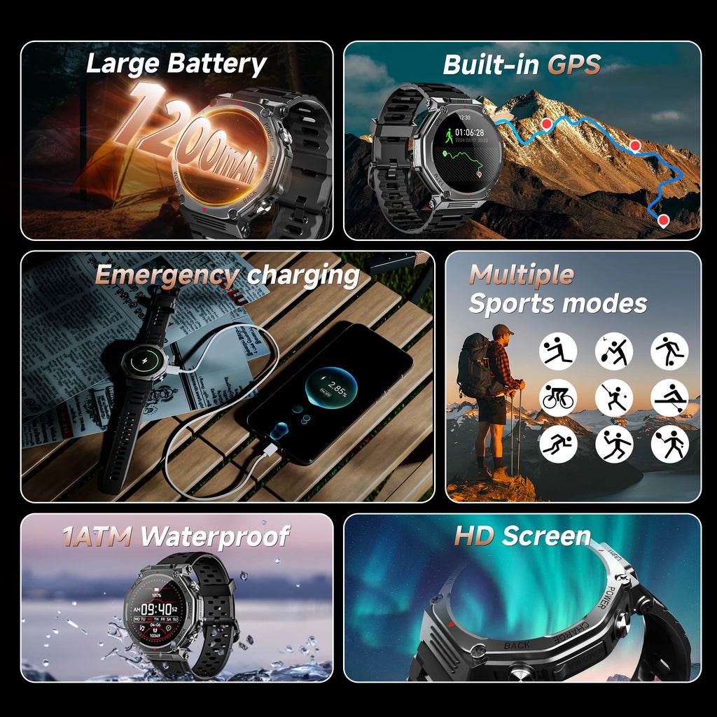 Rugged black GPS smartwatch features an HD screen, long battery life, multiple sports modes, and waterproof design.