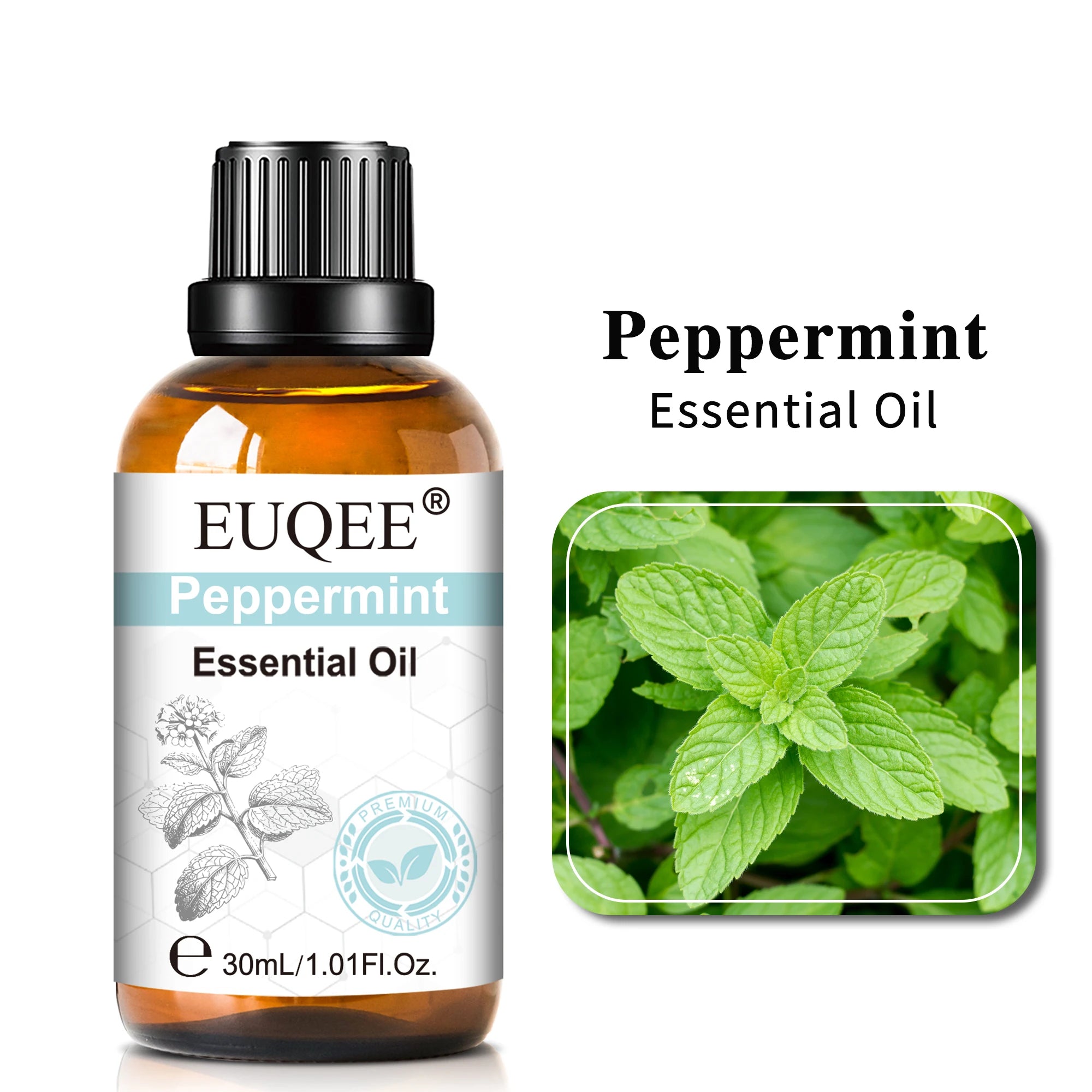 30ml amber glass bottle of peppermint essential oil with a black cap and mint leaf label imagery.