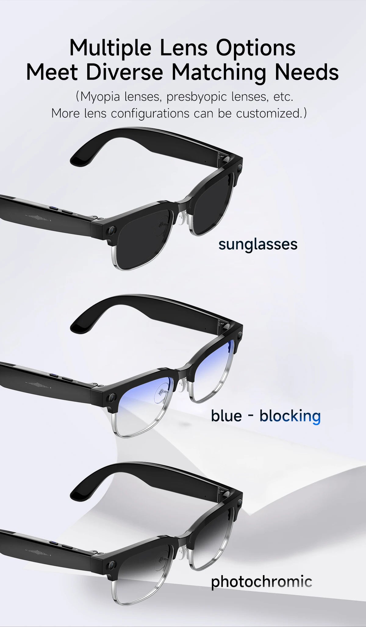Black smart AI glasses featuring a built-in camera, shown with interchangeable sunglasses, blue-light, and clear lenses.