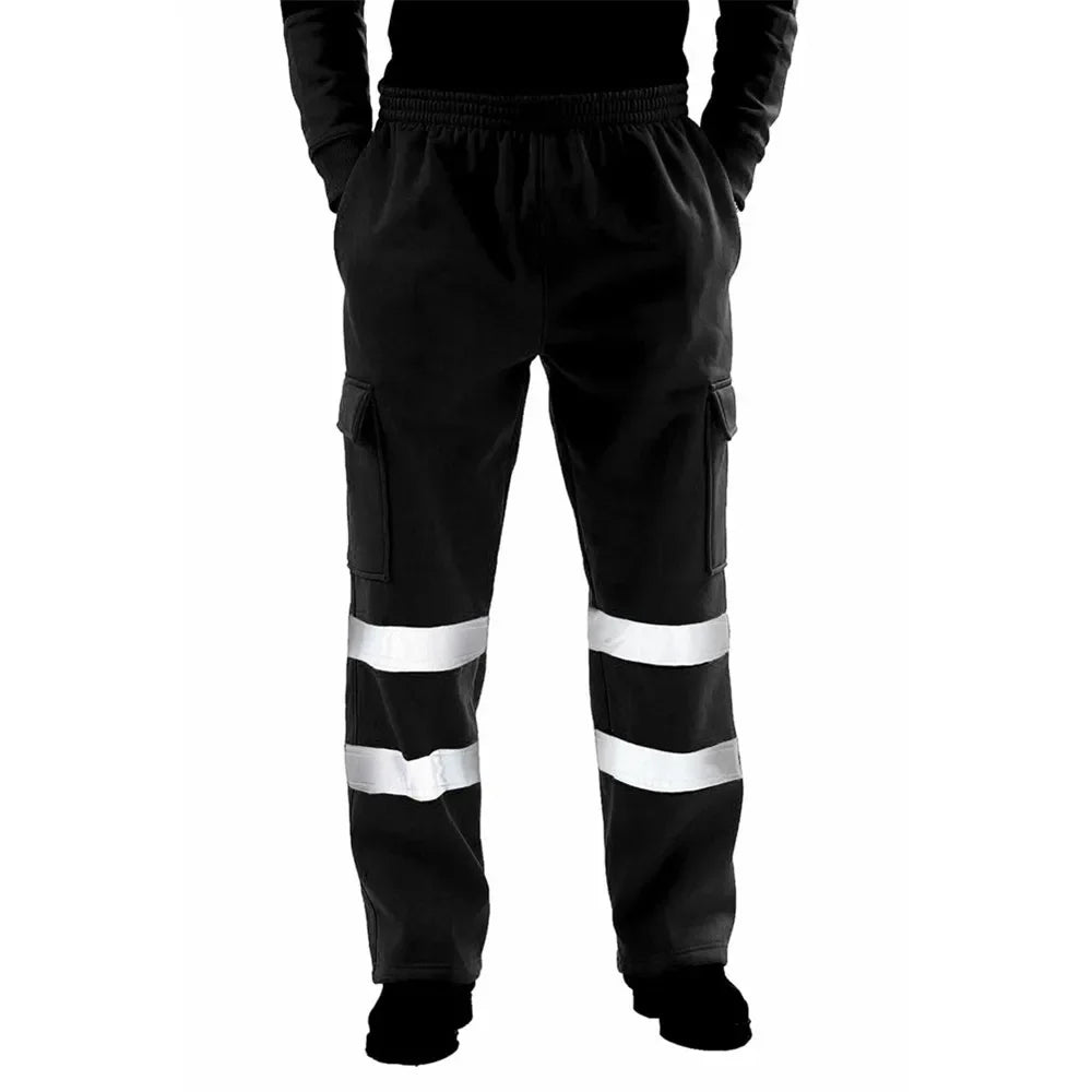 Black men's work joggers with cargo pockets and double reflective strips on the lower legs.