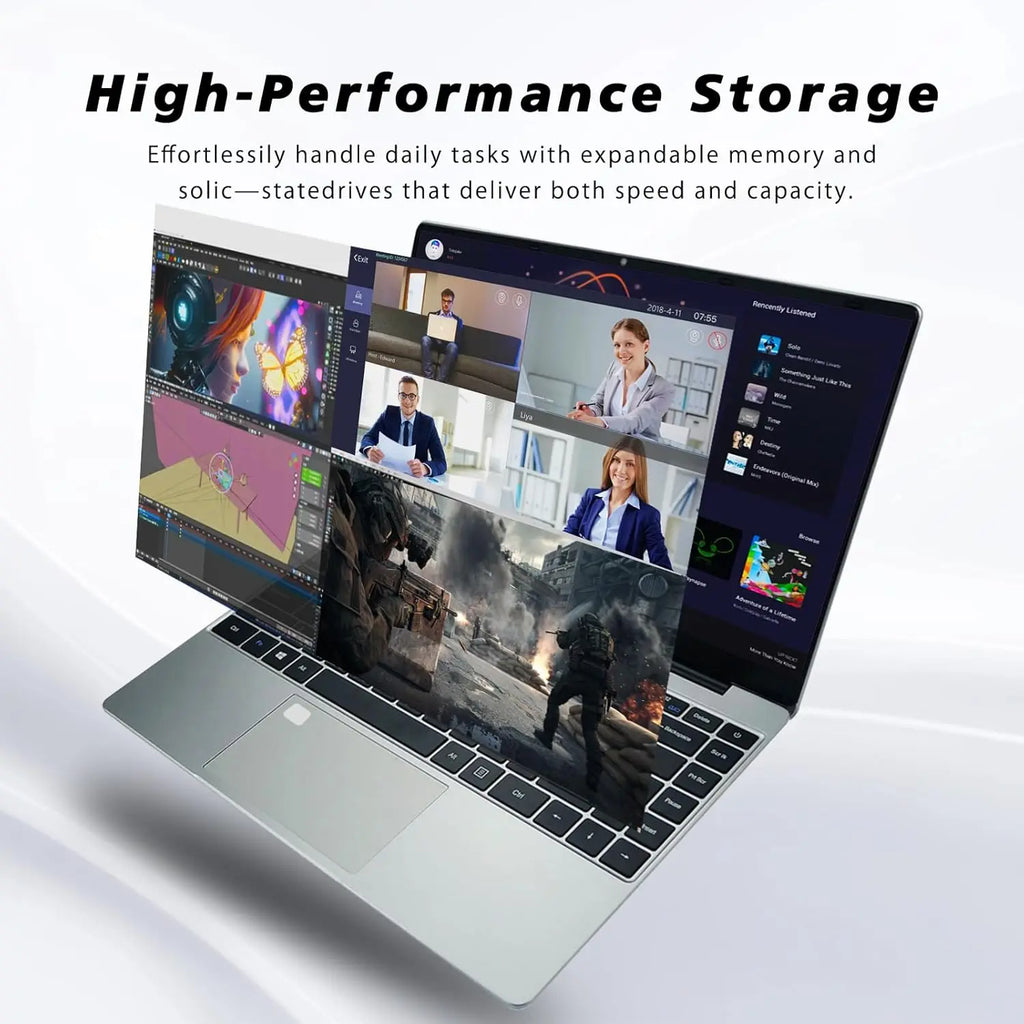 Sleek silver 15.6-inch laptop with high-speed performance, shown with multitasking gaming and video call screens.
