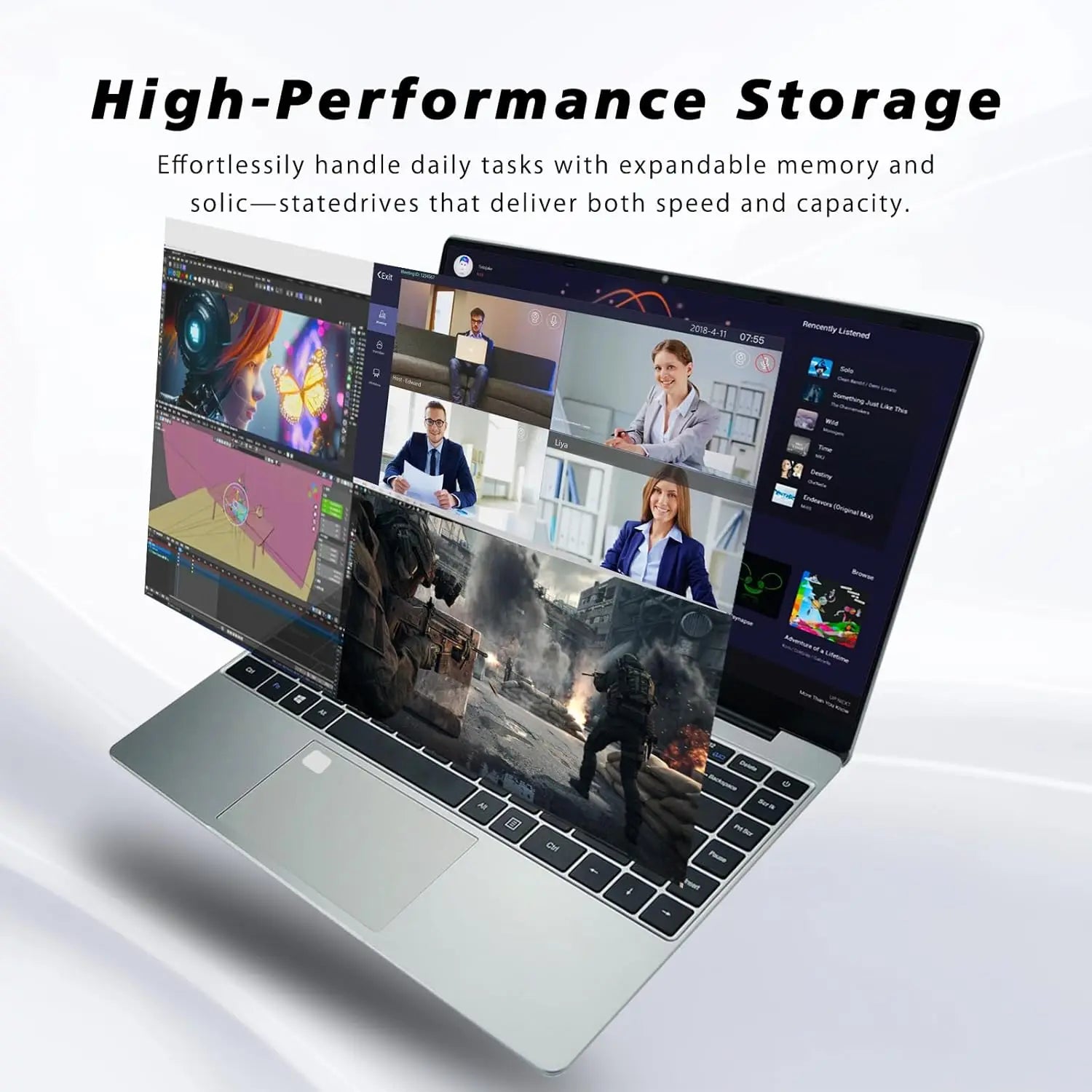 Sleek silver 15.6-inch laptop with high-speed performance, shown with multitasking gaming and video call screens.
