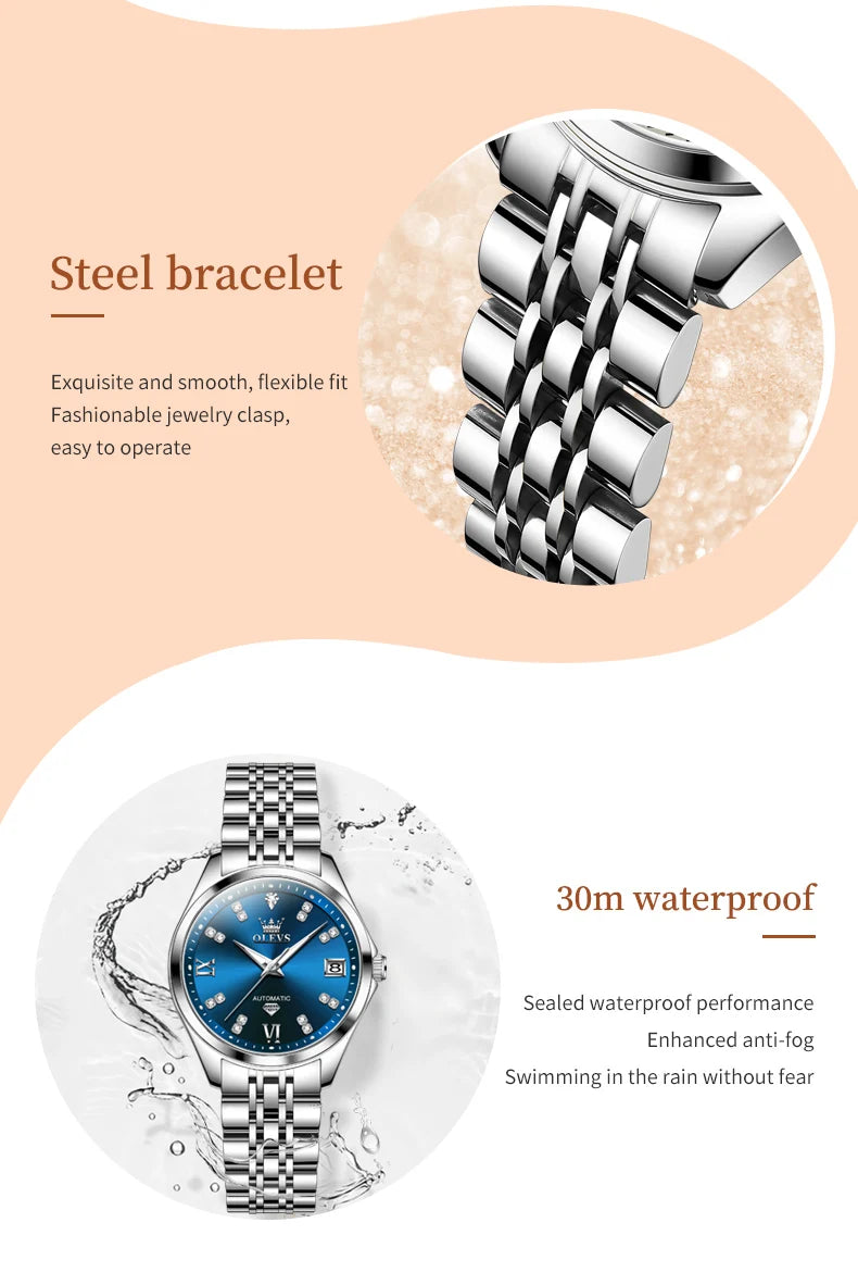Elegant women’s stainless steel automatic watch with a blue dial, diamond markers, and polished silver bracelet.