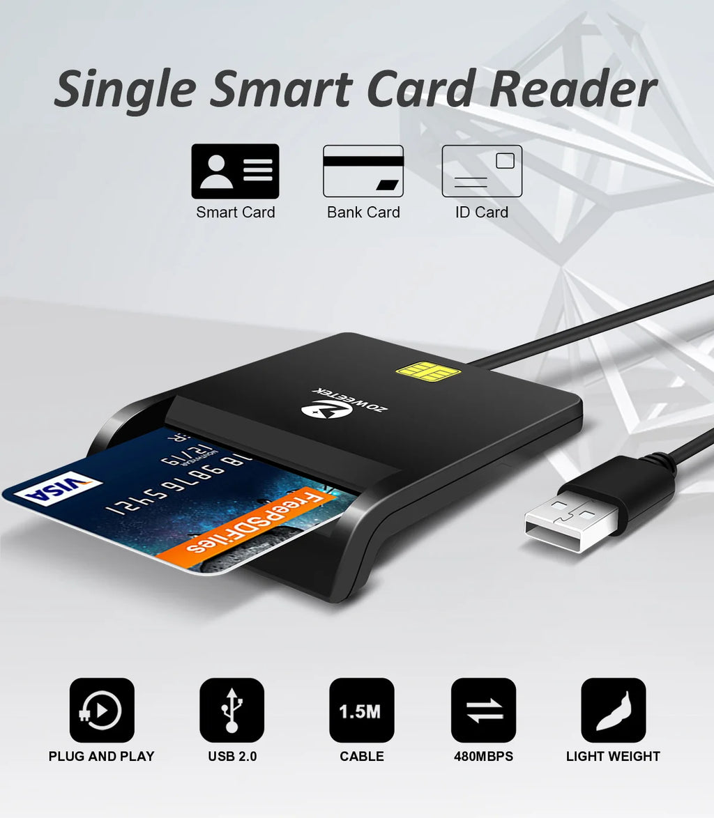 Black plastic USB smart card reader with a 1.5m cable, compatible with bank and ID cards.