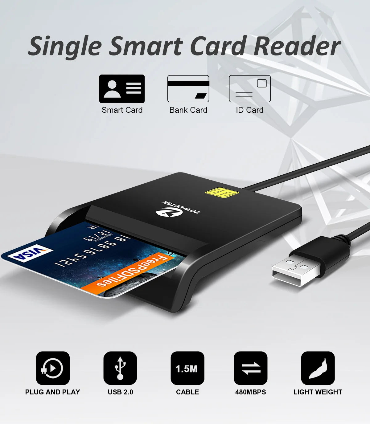 Black plastic USB smart card reader with a 1.5m cable, compatible with bank and ID cards.