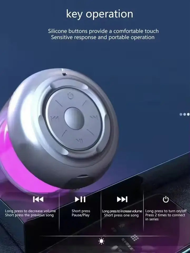 Mini portable wireless speaker in silver with tactile silicone buttons and a glowing pink LED light feature.