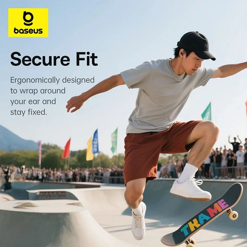 A man wearing ergonomic, secure-fit wireless earbuds while skateboarding in an outdoor park.