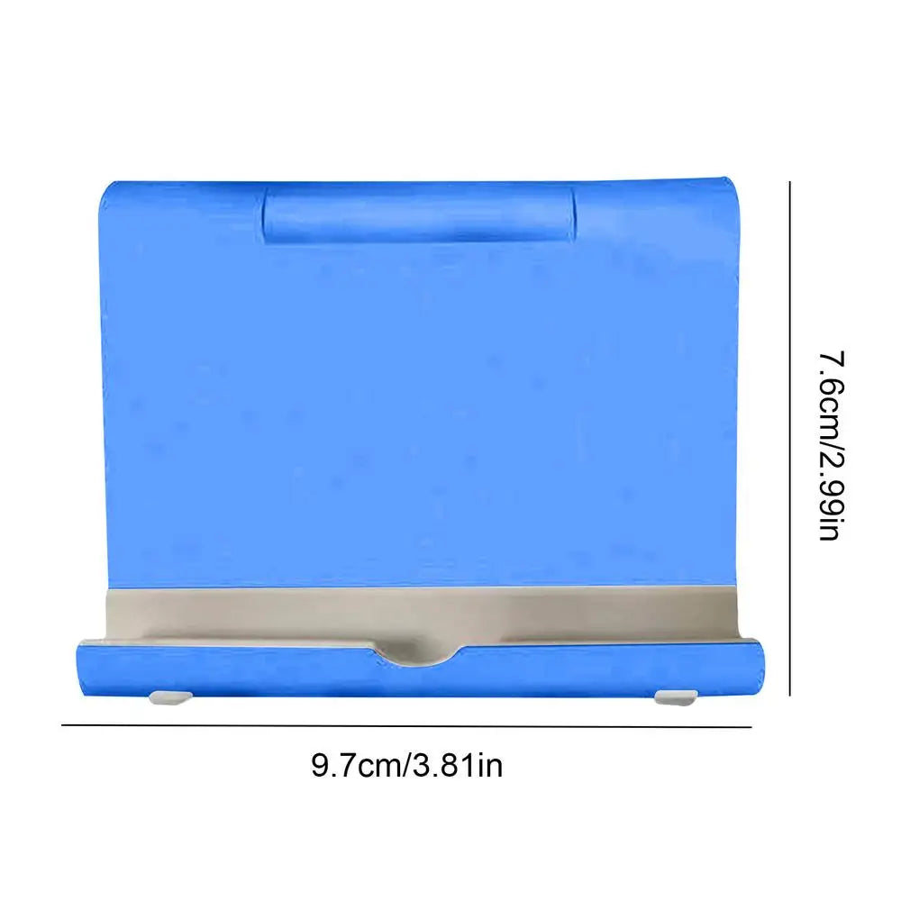 Blue adjustable phone and tablet stand with a neutral grey support ledge and non-slip feet. 9.7cm x 7.6cm size.
