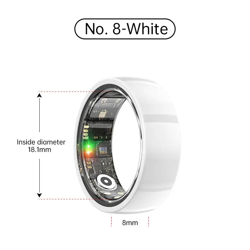 Glossy white smart fitness and sleep tracking ring, showing internal health sensors and 18.1mm inside diameter.