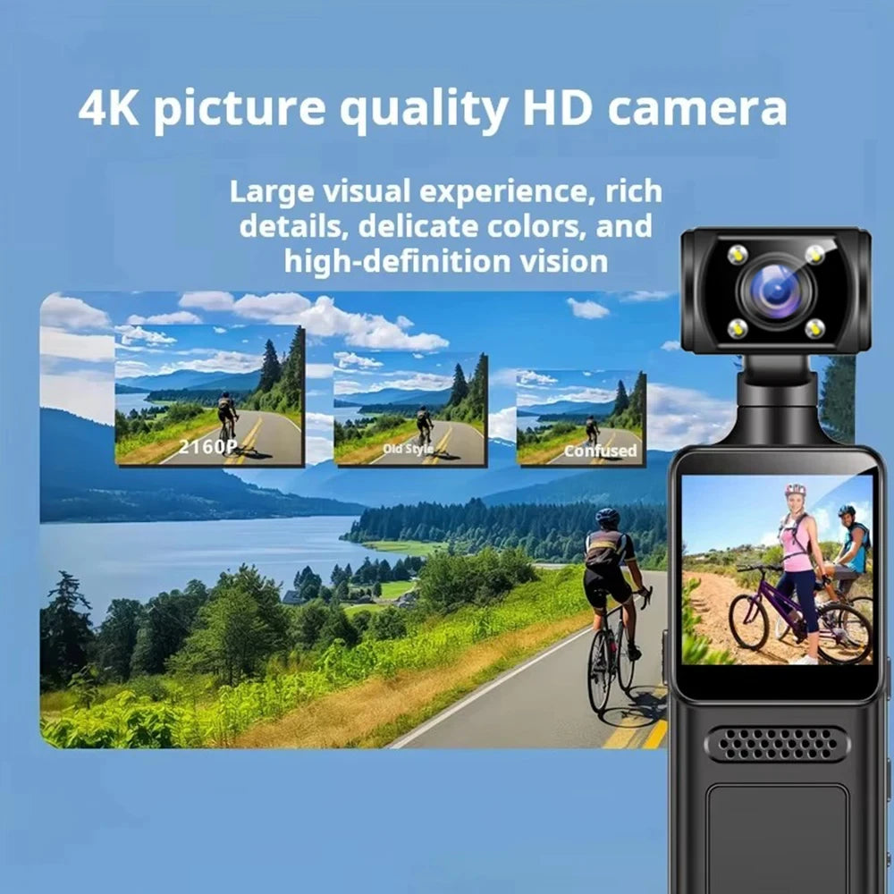 Black plastic 4K HD digital action camera with a built-in LCD screen and rotating lens.