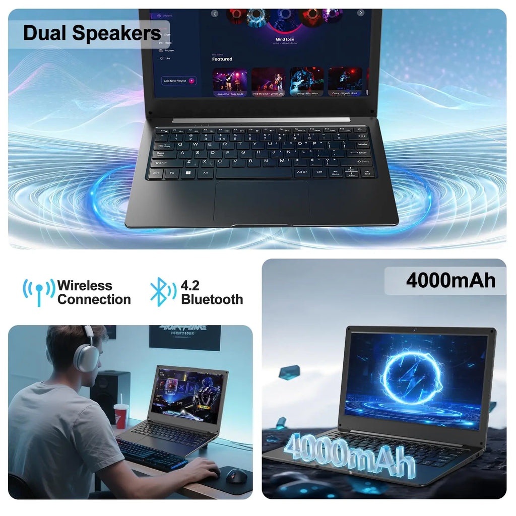 Slim, black 11.6-inch laptop with dual speakers, Bluetooth, wireless connectivity and 4000mAh battery.