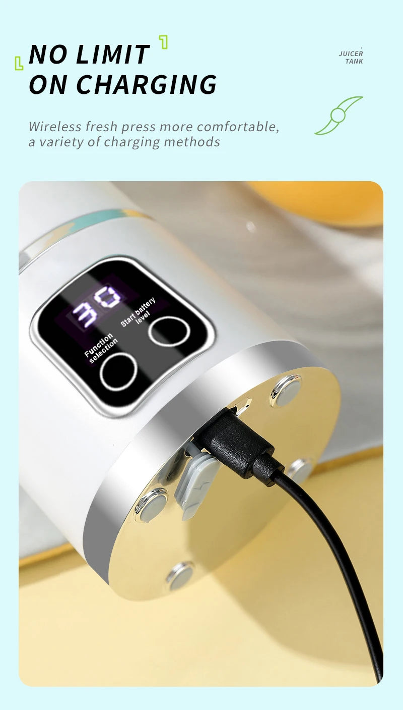 White wireless portable juicer base with a digital display, touch buttons, and a black USB charging cable plugged in.
