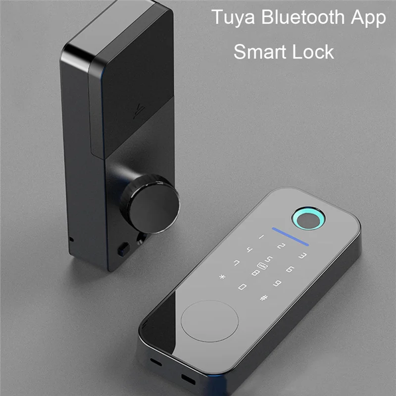 Black metal smart door lock with touchscreen keypad, fingerprint scanner, and interior knob on a gray background.