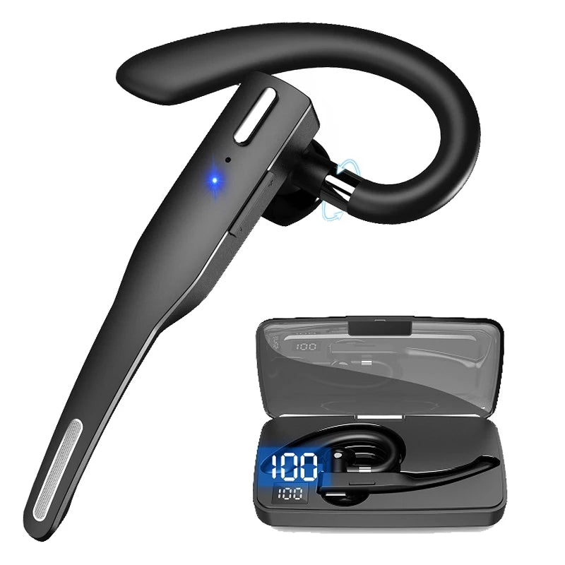 Black wireless Bluetooth earpiece with ear hook, noise-cancellation, and a charging case with digital battery display.
