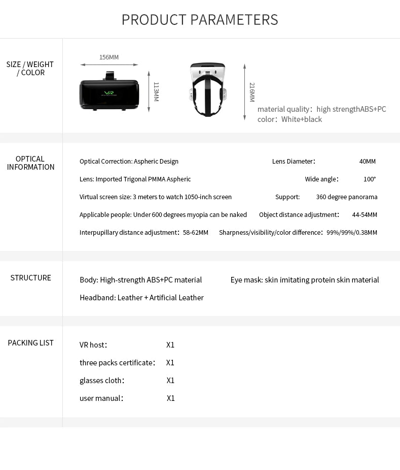 Black and white smartphone VR headset with adjustable lenses, leather headstraps, and comfortable eye-mask padding.