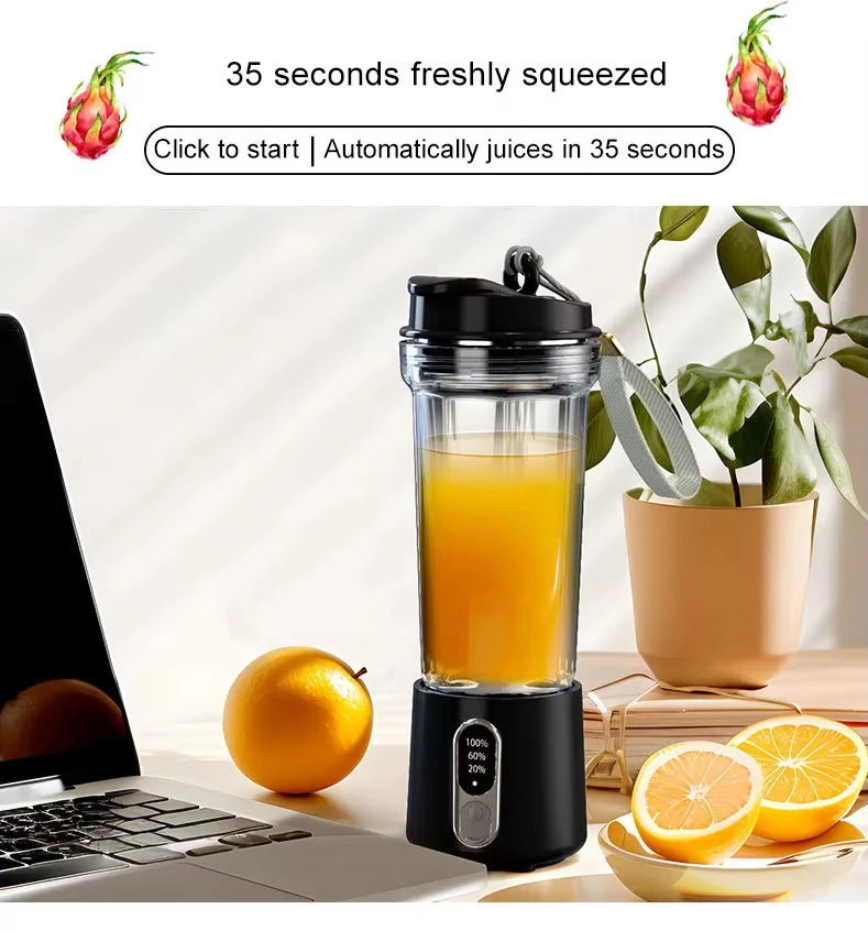 Portable black blender with a clear cup filled with orange juice, digital battery display, and carrying strap.