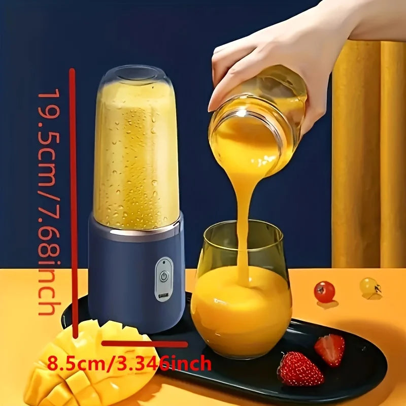 Portable blue blender pouring mango smoothie into a glass, with fresh fruit on a tray. Dimensions shown in red text.