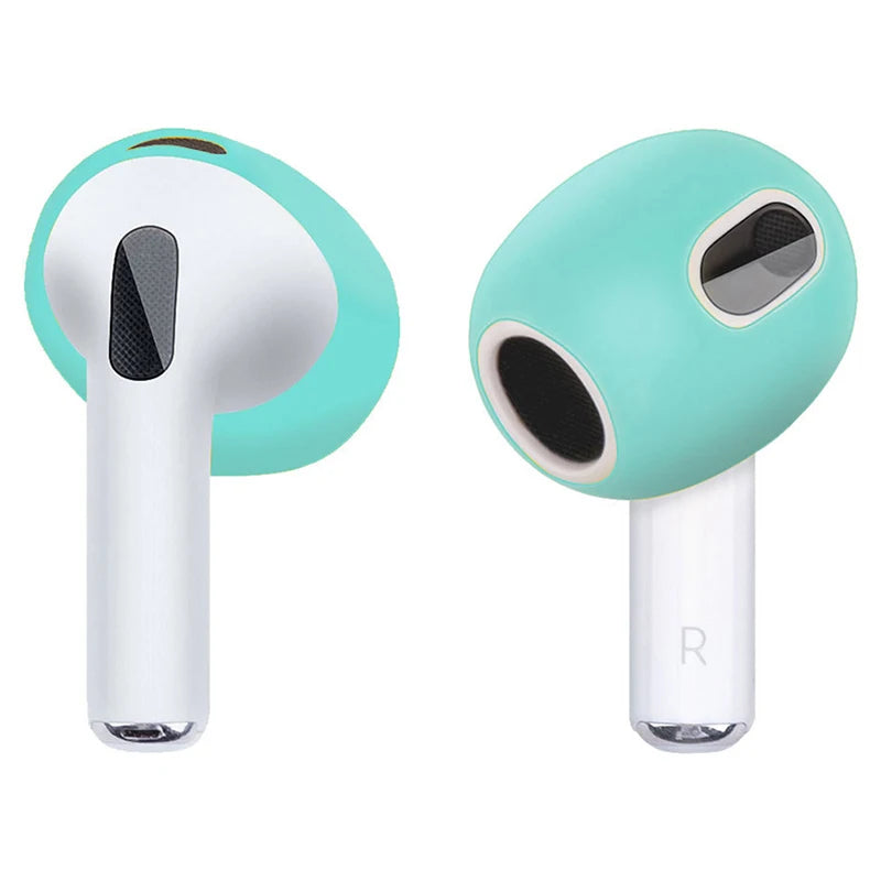 Mint green silicone covers for AirPods 3, showing protective skin fit for both earbuds.