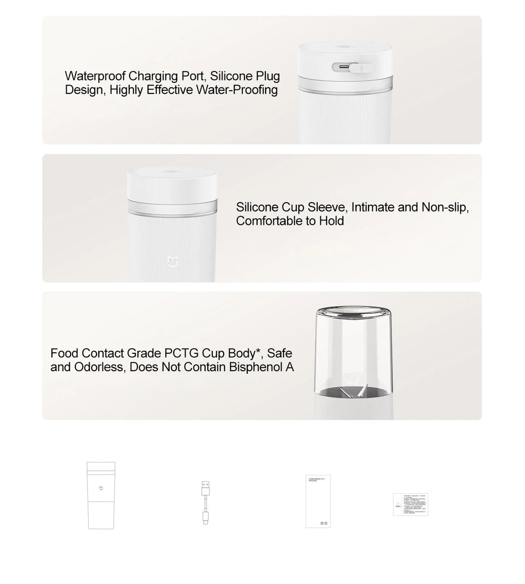 White portable blender with a waterproof charging port, silicone sleeve, and clear food-grade cup.