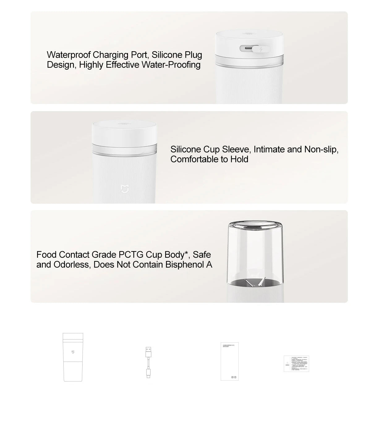 White portable blender with a waterproof charging port, silicone sleeve, and clear food-grade cup.