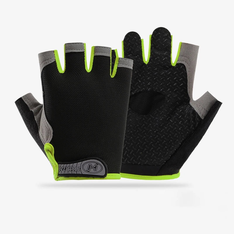 Pair of fingerless cycling gloves in black and grey, featuring neon green trim and textured grip palms.
