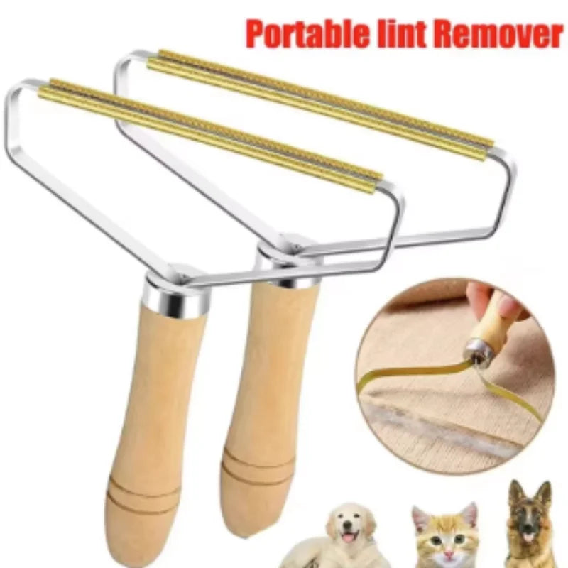 Two portable lint removers with wooden handles and gold metal scraping heads, shown for fabric and pet hair removal.