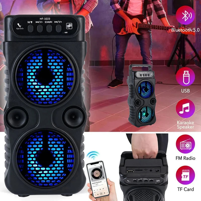 Black portable wireless speaker featuring dual blue LED light-up speakers, carry handle, and multiple input ports.