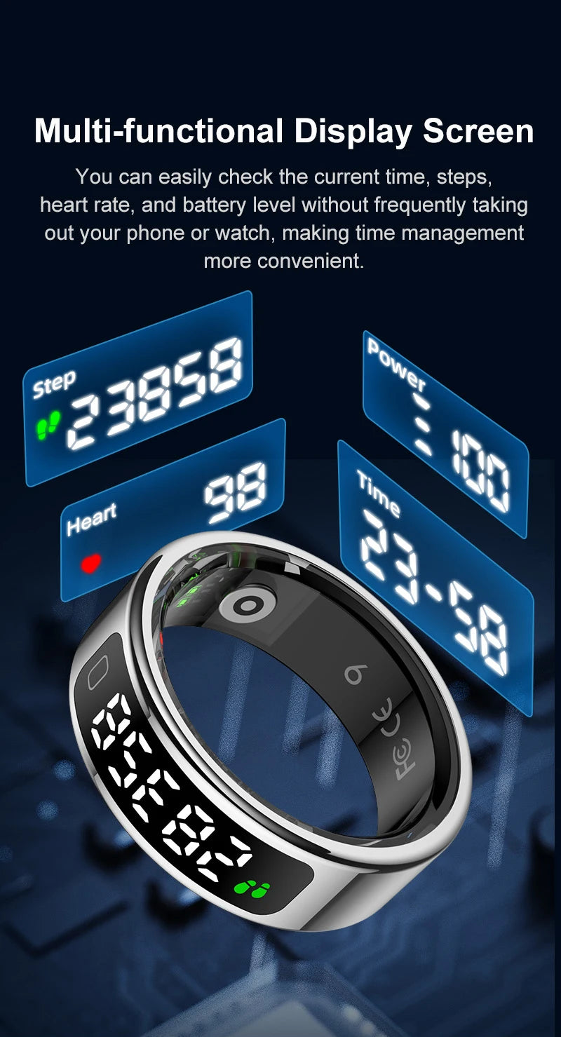 Silver smart health monitoring ring with a sleek LED display showing steps, heart rate, power, and time.