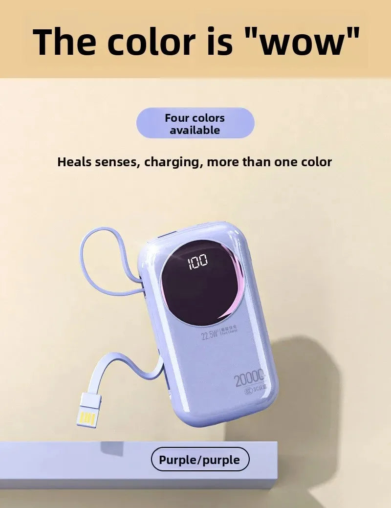 Purple 20000mAh portable power bank with built-in cable, rounded design, and LED digital battery display.